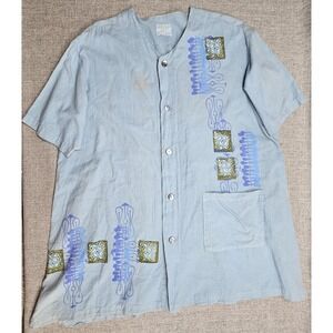 Blue Fish Shirt Womens 3X Blue Linen Button Up Tunic Top Geometric Abstract